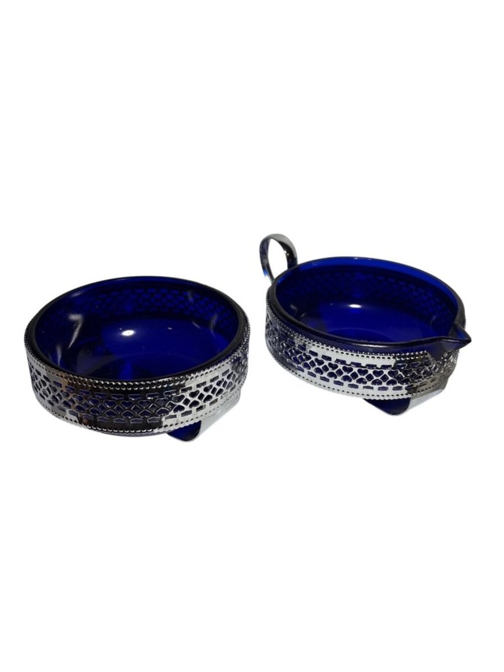 Vtg Cobalt Blue Glass Creamer & Sugar Bowls Silver Plate Filigree Holder Hearts